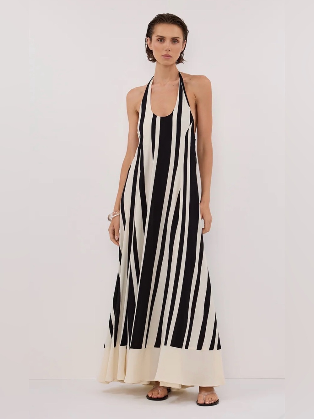 DISSH Black and Cream Striped Halter Maxi Dress